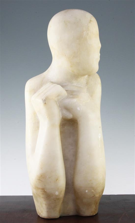 A carved alabaster model of a stylised figure, 20in.